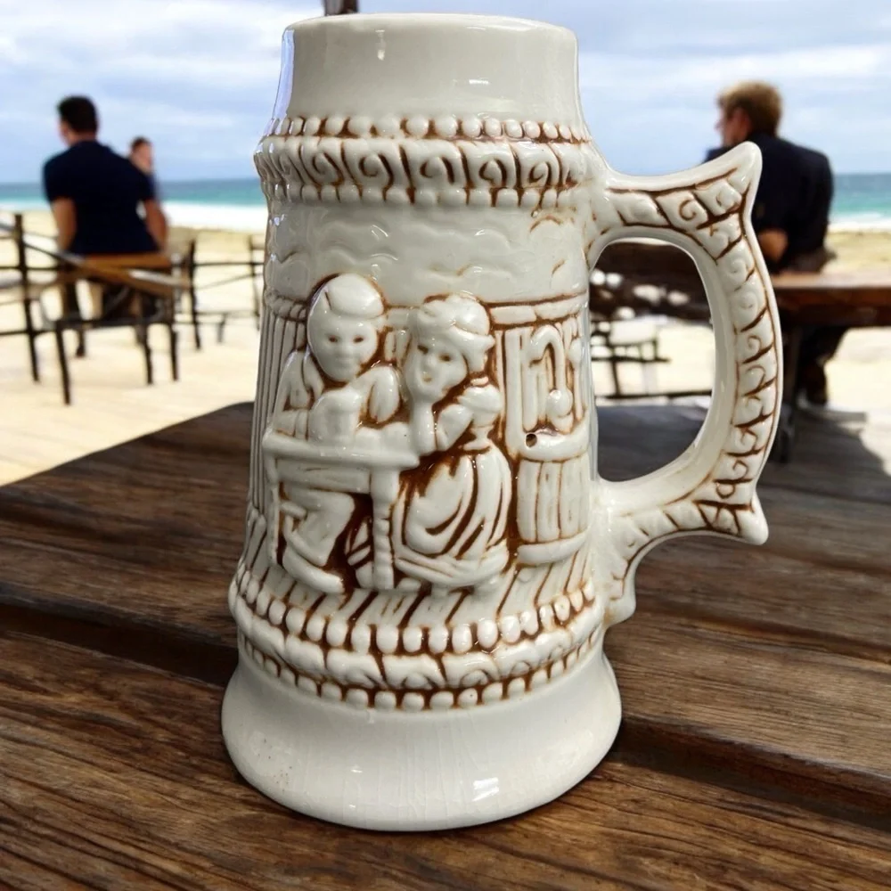 Vintage Ceramic Stein Made in Brazil #1366 White & Brown Beer Stein